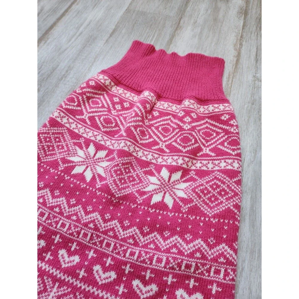 Pink White Fair Isle Snowflake Knit Dog Sweater Stretch Cozy Winter Size L GUC